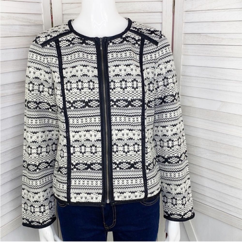 Chico's Tribal Fair Isle Southwestern Full Zip Knit Jacket Black Ivory Small
